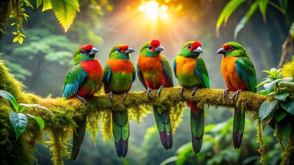 Vibrant Tropical Birds on Lush Branch - Stock Photo