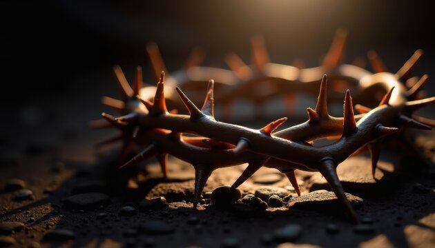 A crown of thorns lies on a dark, rocky surface, illuminated by a warm light, symbolizing the suffering and sacrifice associated with Maundy Thursday