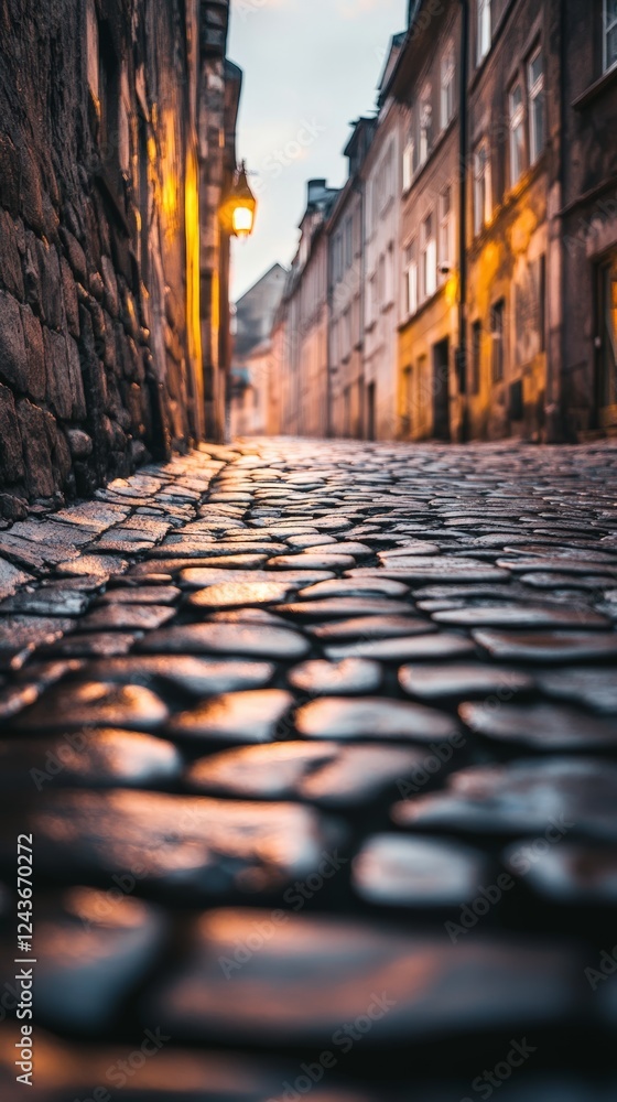 Poster wet cobblestone street reflecting warm sunset light between ancient buildings in a historic european