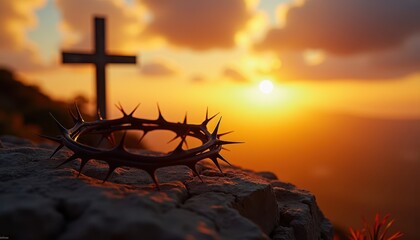 A crown of thorns lies on rocky ground with a cross in the background, illuminated by a vibrant sunset, symbolizing the significance of Maundy Thursday in Christian tradition