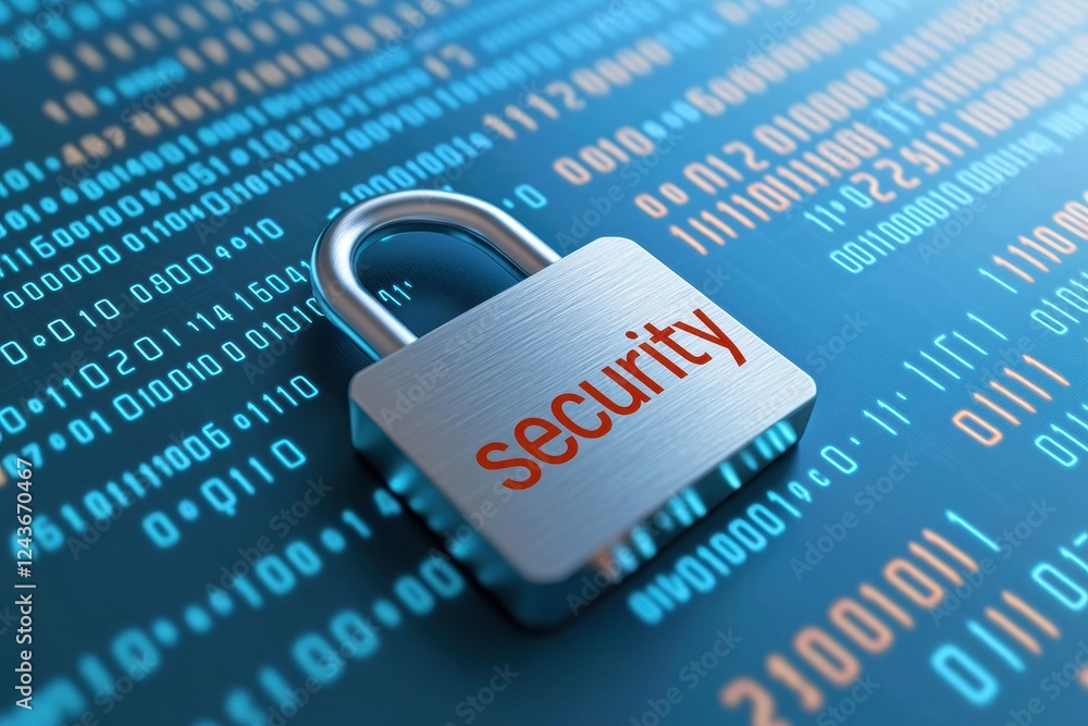 Poster a digital padlock symbolizes security amidst a backdrop of binary code.