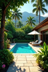 Sun-drenched poolside patio, lush landscaping, design, space