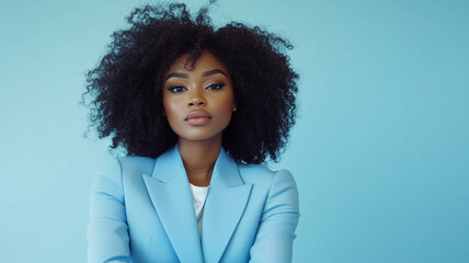 Front view of black woman wearing formal suit on blue background, business woman
