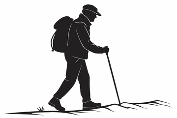 Hiker Silhouette Walking with Trekking Pole Outdoors