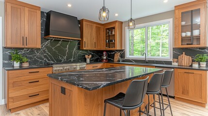 Modern kitchen island, light-filled, with dark countertops