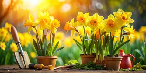 Vibrant Yellow Daffodils & Gardening Tools: Spring Garden Scene