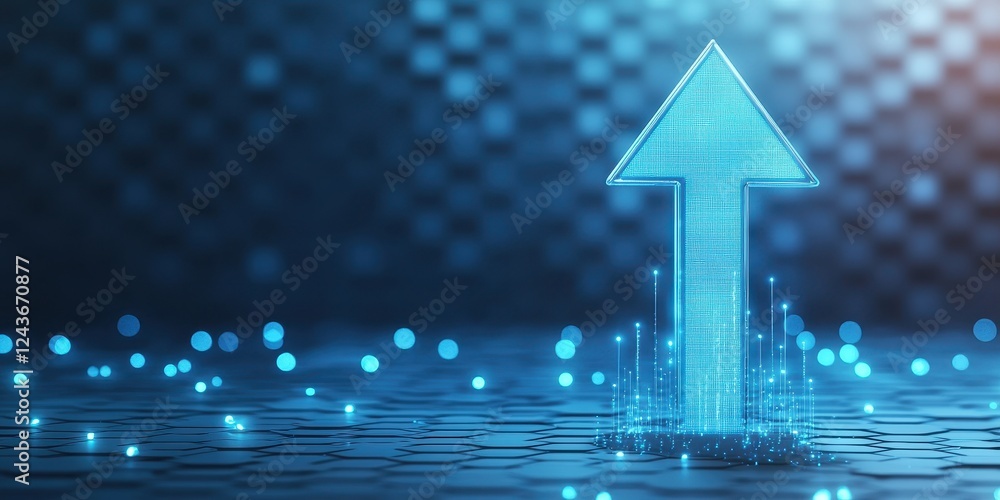 Poster digital upward arrow symbolizing growth and progress against a blue background with a grid pattern.