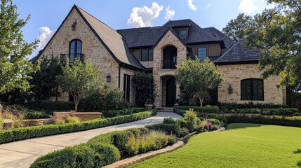 Fototapeta premium A beautiful stone house surrounded by lush greenery and a well-maintained garden.