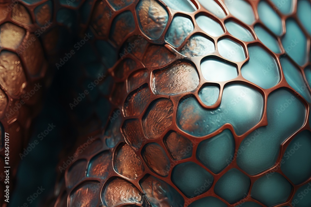 Poster intricate copper mesh containing turquoise liquid forms an abstract pattern, ideal for backgrounds o