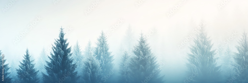 Poster Light fog enveloping snowy pine trees in a tranquil winter forest creates a serene and magical atmosphere, perfect for evoking the peacefulness of nature