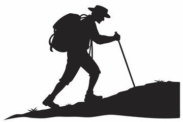 Hiker Silhouette Walking with Trekking Pole Outdoors