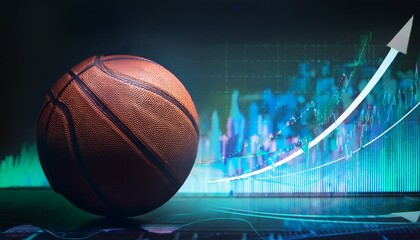 basketball ball on the background of a display with analytics and statistics graphs