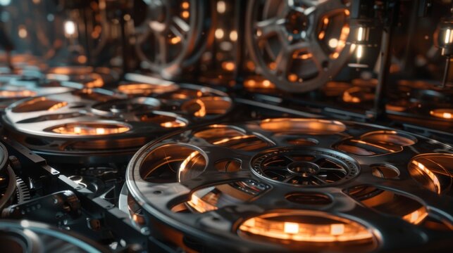 Lots of film clips in warm lighting, creating an atmosphere of nostalgia and retro, perfect for film festival decorations, cinema advertising or themed events.