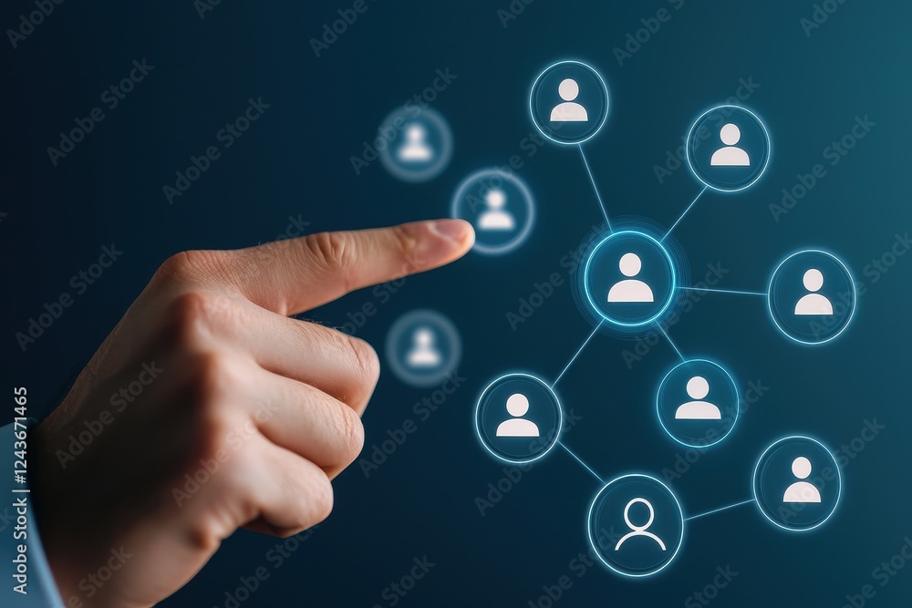 Aufkleber a hand pointing at a digital network of interconnected user icons illustrating social connections.