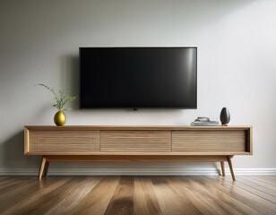 television put on tv stand wood table in minimal empty space luxury room background ai generative