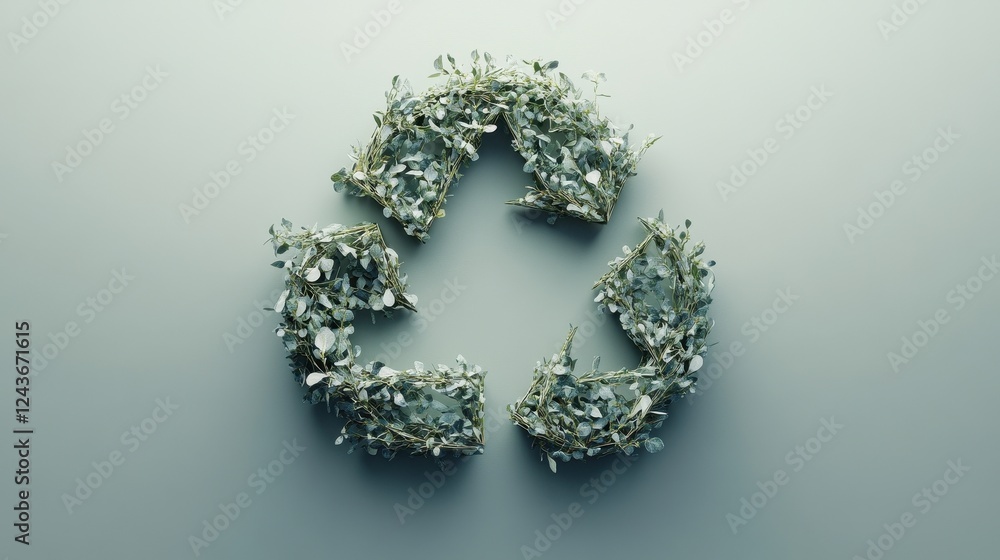 Poster abstract 3d render of a recycle symbol composed of grey and gold fragments