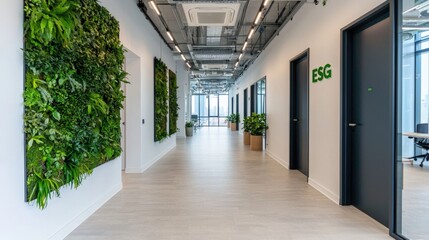 ESG sustainability and risk concept, A modern office corridor featuring green plant walls, sleek design, and an emphasis on sustainability.
