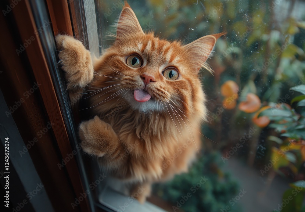 Aufkleber playful orange cat with fluffy fur sticking its head out of a window, making a funny face with tongu