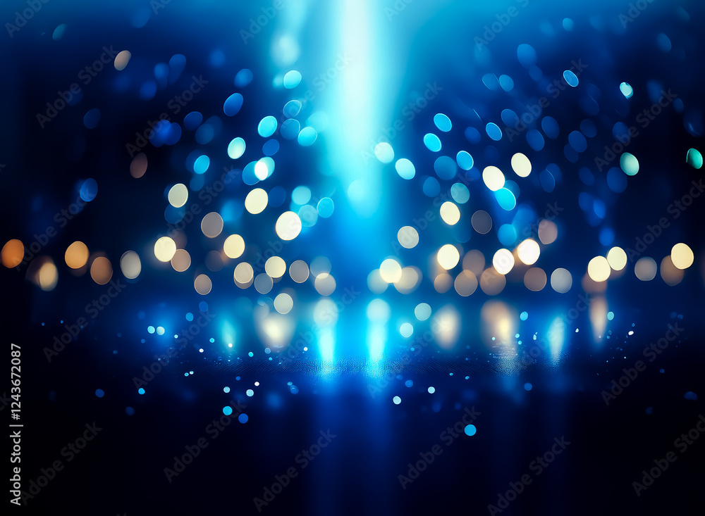 Poster a vibrant blue bokeh background features a bright, central light source, creating a dreamy, abstract