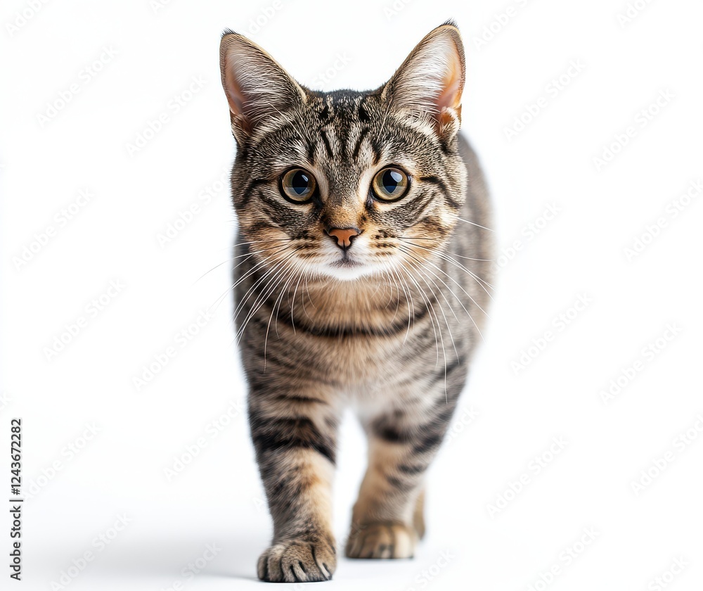 Poster playful tabby cat walking towards the camera on a bright white background capturing curiosity and ch