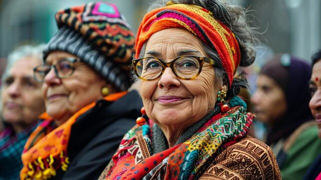 Elderly women participate in a vibrant feminist protest with colorful scarves in a bustling urban setting
