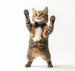 Obraz premium Playful tabby cat wearing a bow tie excitedly raising its paws in a cheerful indoor setting against a clean white background