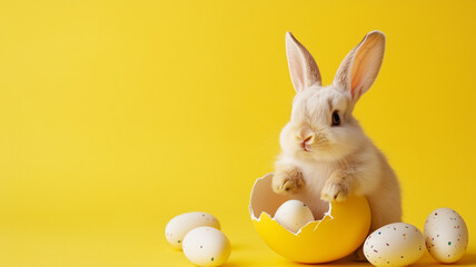 Cute baby Easter bunny sitting on an Easter egg broken in half on a yellow background with Easter eggs