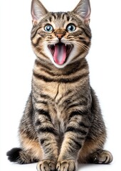 Obraz premium Playful Tabby Cat with Bright Blue Eyes and Open Mouth Captured Against a White Background, Perfect for Pet Lovers and Animal Enthusiasts