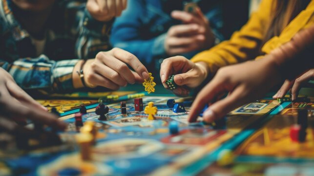 A photo of a group of people playing a board game is ideal for board game adverts, hobby and leisure articles, gaming related social media, family entertainment blogs.