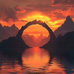 A stunning sunset over a tranquil lake, framed by a curved mountain arch and silhouetted peaks against a vibrant orange sky.

