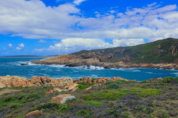 Obraz premium Coastal view of rocky cliffs and vibrant ocean in sunny South Africa