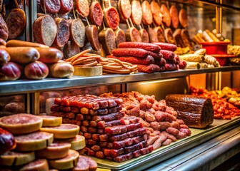 Obraz premium Vintage Butcher Shop: Glass Display Case of Meats & Charcuterie