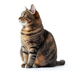 Obraz premium Profile of a Striped Cat Sitting Gracefully Against a White Background Showcasing Its Distinctive Fur Patterns and Alert Expression