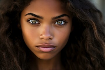 Fototapeta premium Close up portrait of beautiful young woman with amazing green eyes and long curly hair
