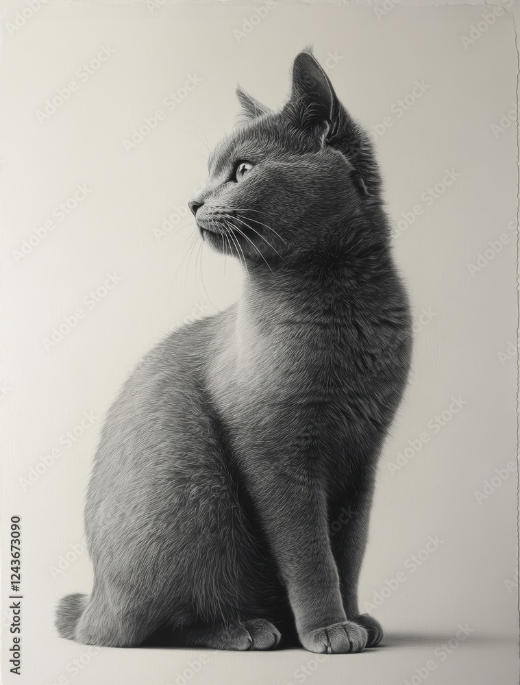 Poster realistic monochrome portrait of a grey cat with alluring gaze, emphasizing soft fur texture and ele