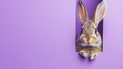 Bunny peeking from a hole in the wall, background with copy space, spring or Easter theme.