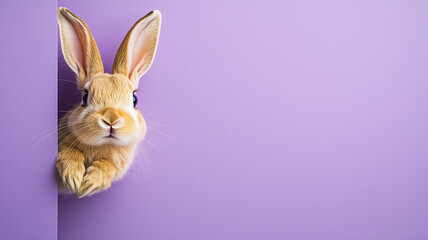 Bunny emerging from a purple wall curiously looking at the copy space, Easter background featuring a curious bunny.