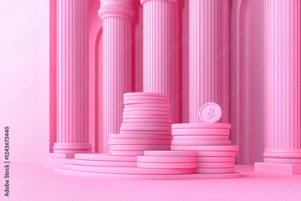 Poster a surreal pink scene featuring classical columns and stacked coins, creating a whimsical yet sophist