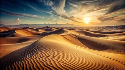 Naklejka premium Vintage Desert Landscape: HD 8K Stock Photo - Sun-Drenched Dunes and Ancient Skies