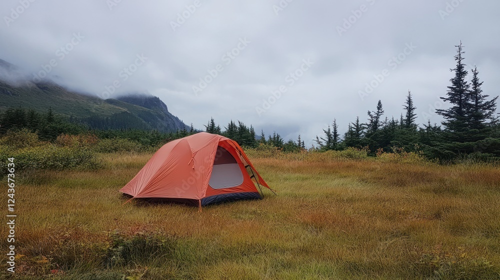 Aufkleber a bright orange tent set in a grassy field surrounded by trees and mountains under a cloudy sky.