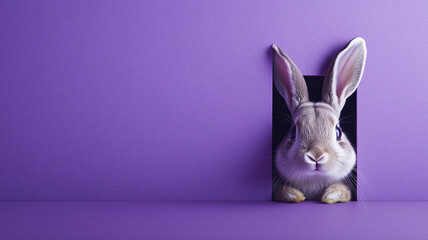 A cute bunny looking out from a hole in the wall, purple background with copy space and Easter bunny.