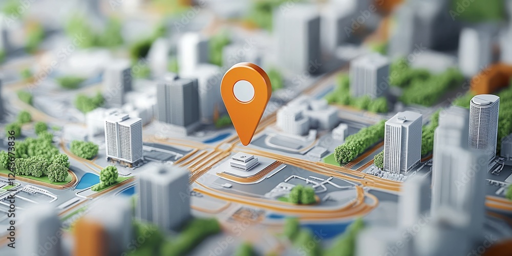 Poster a 3d city map shows an orange pin on a building, highlighting the importance of navigation systems, 