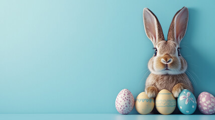 Front view of an Easter background, bunny holding colorful Easter eggs, blue background with copy space, Easter-themed concept, banner, or postcard.
