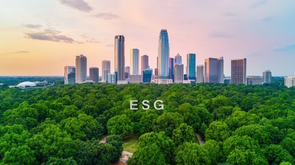 Fototapeta premium ESG sustainability and risk concept, A vibrant city skyline at sunset with lush green trees in the foreground, featuring the acronym 