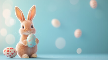 Blue background with a bunny holding a cute and colorful Easter egg, banner, postcard, or invitation card, summer or Easter concept.