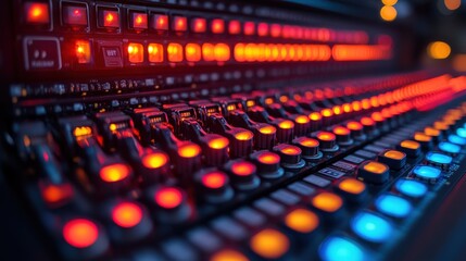Close-up view of a vibrant audio mixing console with illuminated buttons and sliders in a studio