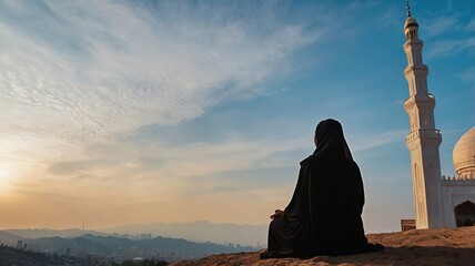 Silhouette of a devout man pray to the Allah on hill