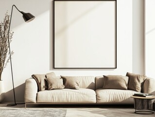 Modern beige sofa, empty frame, sunlight, minimalist living room, interior design mockup