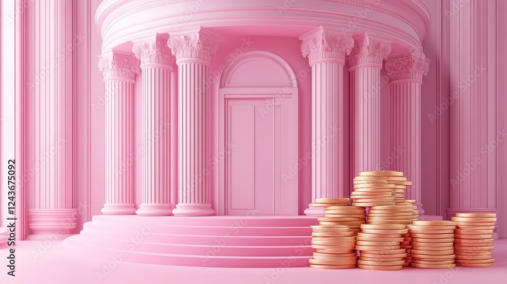 Poster a whimsical scene featuring a pink classical building with columns and stacks of golden coins, evoki
