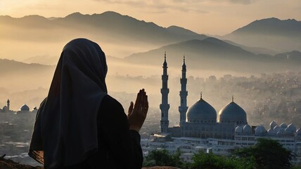 Silhouette of a devout man pray to the Allah on hill